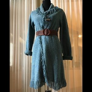 Carole Little teal duster length sweater coat.